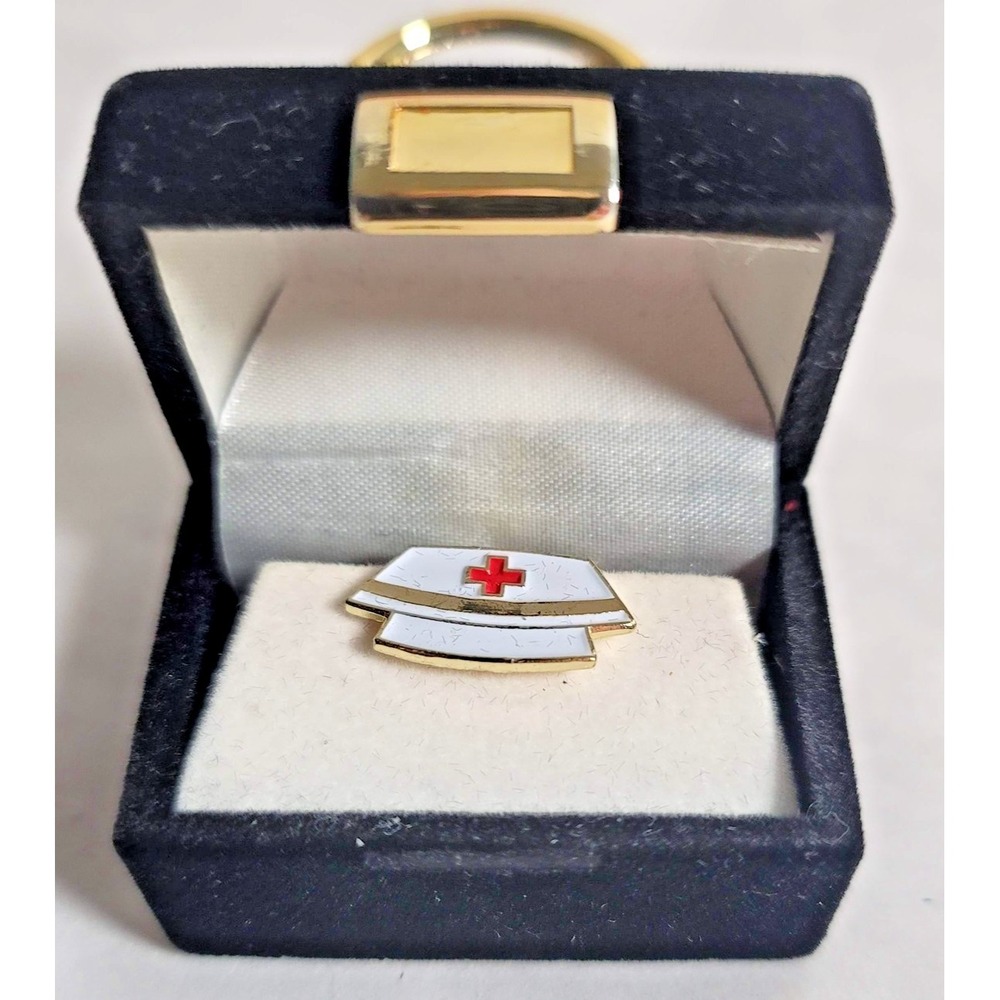 Nurse Hat Lapel Pin White Enamel Red Cross Gold‎ Tone Medical Symbol Gift Box
